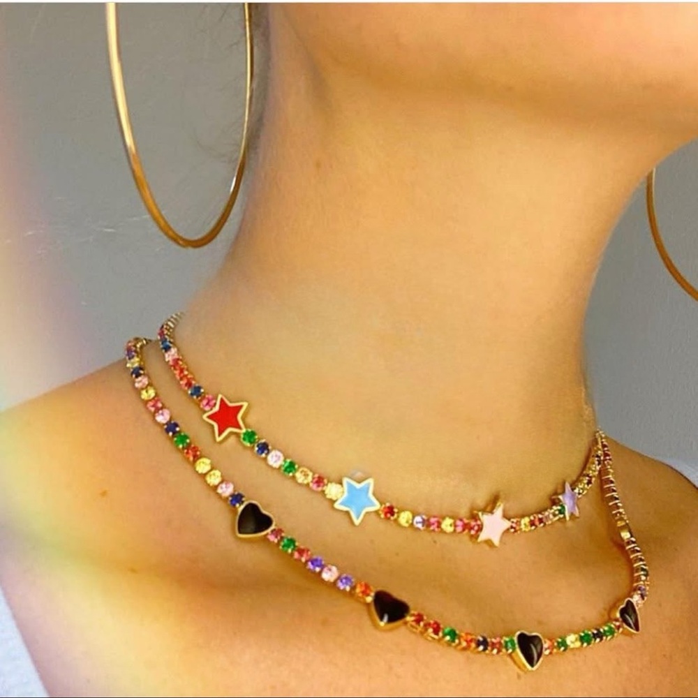 Set of 2 Gemelli Colorful Beaded Star and Heart Choker Necklaces